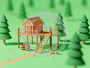 3D cartoo3D cartoon Wooden house in the forest, in the morning - 3D rendern Wooden house in the forest - 3D render