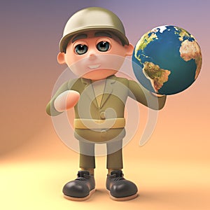 3d cartoon army soldier in military uniform holding a globe of the Earth, 3d illustration