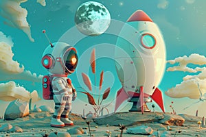 3d cartoon of astronaut and rocket with moon. Generative AI