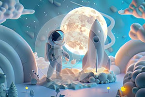 3d cartoon of astronaut and rocket with moon. Generative AI