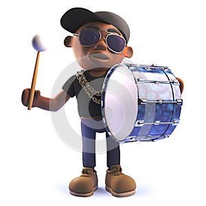 3d cartoon black African American hip rapper character beating a bass drum