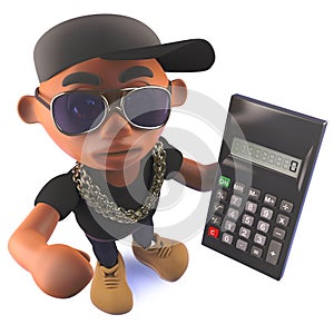 3d cartoon black African American hiphop rapper holding a calculator