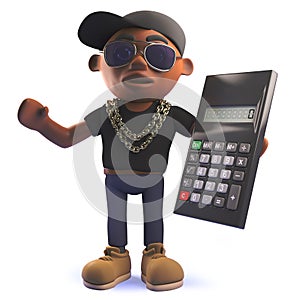 3d cartoon black African American hipop rap artist holding a digital calculator