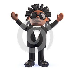 3d cartoon black African American singer entertainer with arms held high, 3d illustration