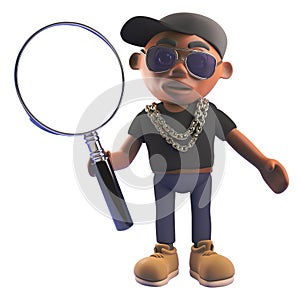 3d cartoon black hiphop emcee rapper in baseball cap holding a magnifying glass, 3d illustration