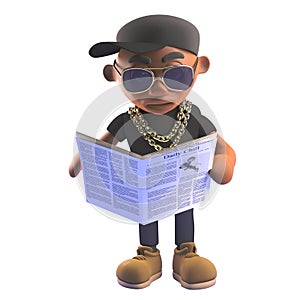 3d cartoon black hiphop rapper emcee character reading a newspaper