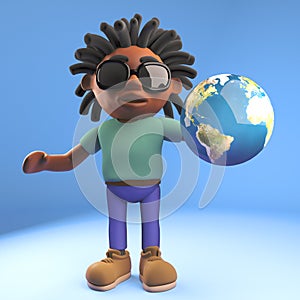 3d cartoon black man with dreadlocks hair holding a globe of the Earth, 3d illustration