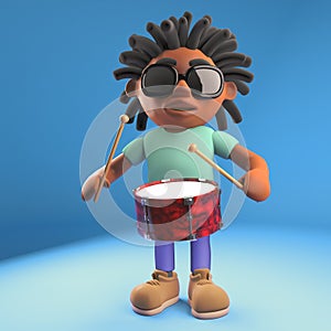 3d cartoon black man with dreadlocks playing the drums, 3d illustration