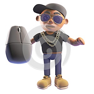 3d cartoon black rapper hiphop artist holding computer mouse