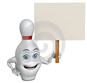 3D cartoon bowling pin holding a sign