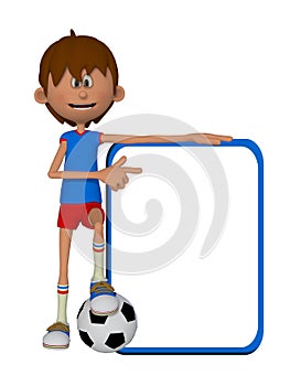 3d cartoon boy with football ball and blank board