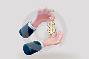 3D cartoon business man hand holding US Dollar currency sign