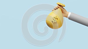 3d cartoon businessman hands holding money bag isolated on blue background. Quick credit approval or loan approval concept, 3d