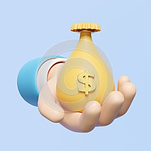 3d cartoon businessman hands holding money bag isolated on blue background. Quick credit approval or loan approval concept, 3d
