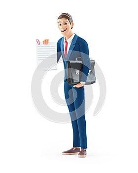 3d cartoon businessman holding completed document