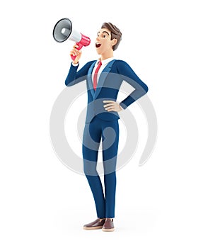 3d cartoon businessman making an announcement with megaphone