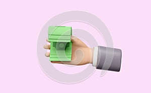 3D cartoon businessman people spending money, banknote icons isolated on pink background. quick credit approval or loan approval