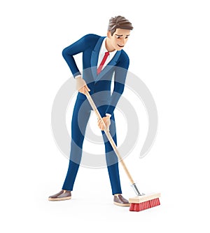 3d cartoon businessman pushing a broom