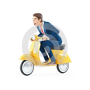 3d cartoon businessman riding a scooter