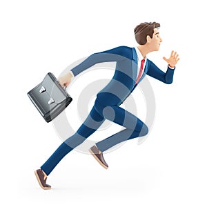 3d cartoon businessman running very fast with a briefcase