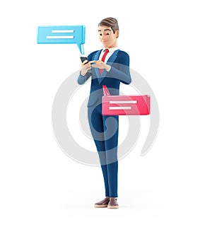 3d cartoon businessman sending text messages with smartphone