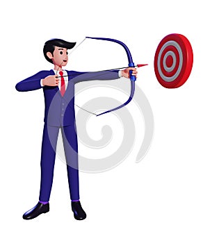 3d Cartoon Businessman shooting an arrow at the target board. Hit business target. Achieving business goals concept