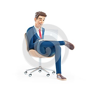 3d cartoon businessman sitting in chair with laptop