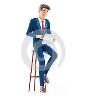 3d cartoon businessman sitting on stool with tablet