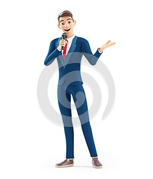 3d cartoon businessman speaking into a microphone