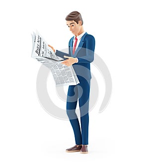 3d cartoon businessman standing and reading a newspaper