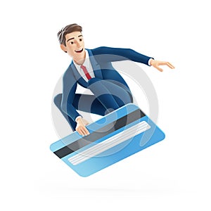 3d cartoon businessman surfing on credit card