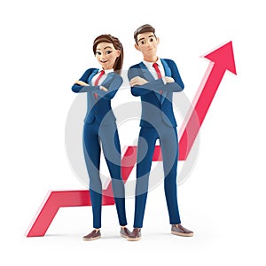 3d cartoon businesswoman and businessman in front of growing arrow