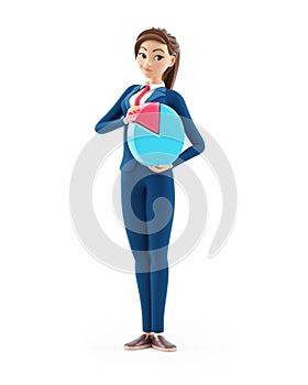 3d cartoon businesswoman standing with pie chart