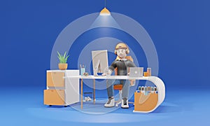 3D cartoon character businessman with Computer and laptops, sitting in desk isolate blue background