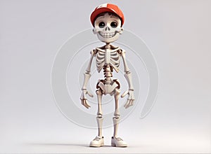 A 3D cartoon character of a cute boy skeleton wearing a cap, strikes a playful balance between adorableness and a hint of the