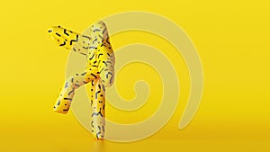 3d cartoon character dancing over yellow background, person wearing inflatable costume with abstract pattern, funny mascot doing.