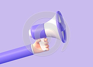 3d cartoon character hand holding a megaphone. social media promotion or breaking news concept. realistic illustration isolated on