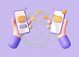 3d cartoon character hand holding a smartphone with an envelope on the screen and a golden bell in a cartoon style. the concept of
