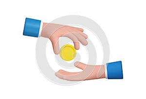 3d Cartoon character hands give and take golden coin.