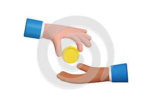 3d Cartoon character hands give and take golden coin.