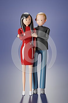 3D Cartoon character love couple standing together and man hand hugging woman on purple background with clipping path 3D render