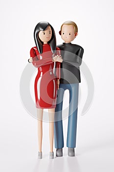 3D Cartoon character love couple standing together and man hand hugging woman on white background with clipping path 3D render