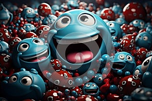 3d cartoon character smiling and surrounded by lots of red and blue balls