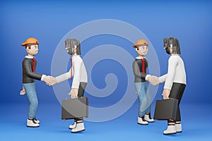 3D cartoon character Two businessmen shaking hands to agree a business partnership agreement isolate blue background