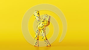 3d cartoon character wearing inflatable costume with abstract pattern dancing over yellow background, funny mascot looping.