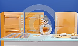 3D cartoon character woman making cookies in kitchen