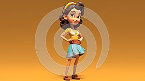 3d cartoon character woman smiling. Beautiful teenager girl with short brown hair. Portrait of a cheerful brunette pin