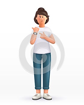 3D cartoon character. Young woman in hurry pointing to watch time,shows on the clock, impatience, upset and angry for deadline