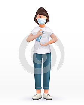 3D cartoon character. Young woman wearing mask ,using alcohol antiseptic gel, sanitizer to clean hands and prevent germs, virus