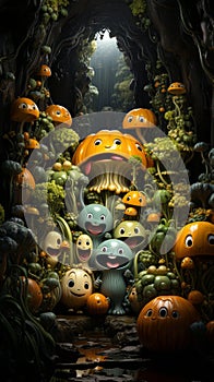 3D cartoon characters happiness in fantasy mystical fertile rainforest. AI generated.